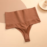 A collection of high waist butt lifter thongs in beige, brown, black, and other colors displayed on a flat surface.